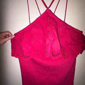 NWT Anthropologie Hot Pink Ruffle Embroidered Top Large Spring
